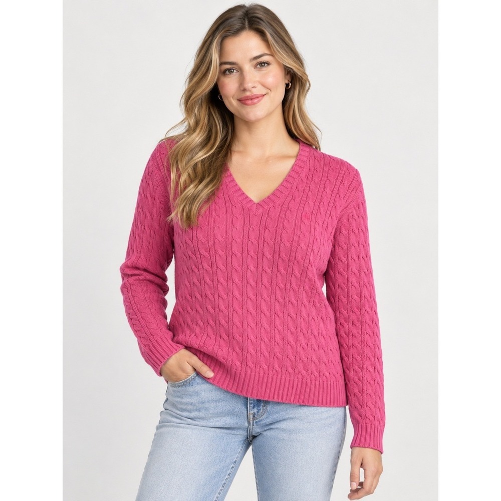 Vintage 90s Lauren Ralph Lauren Cable Knit V-Neck Sweater Womens Size Large Pink